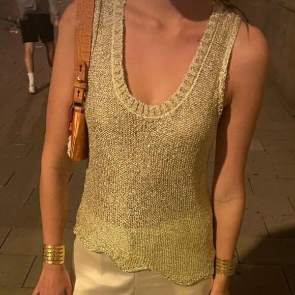 Gold Casual Women's Cute Sparkly See Through Textured Round Neck top - Picture 2 of 8